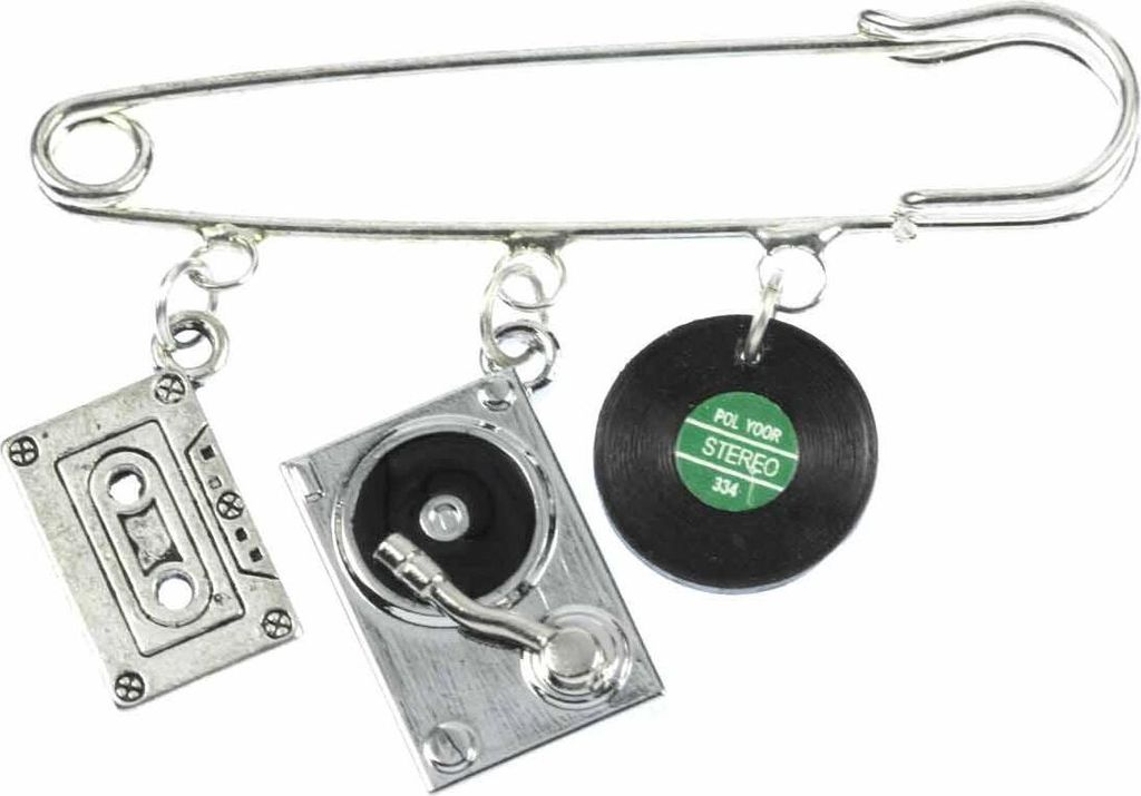 3er Musik Brosche Sicherheitsnadel DJ Pin Plattenspieler Kassette Schallplatte