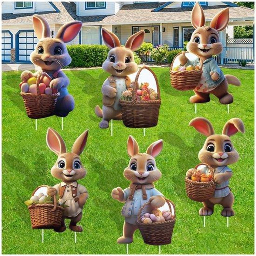 Paashaas-Tuinprikkers-Set 2D groß - große Paasdeko 35 cm - Außen-Tierdeko für Garten und Rasen