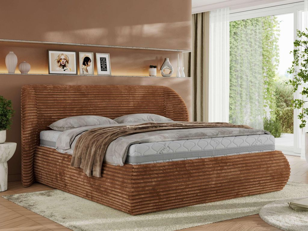 MKS MEBLE Polsterbett mit Bettkasten CAELA CLASSIC Bett mit Stauraum und Gasdruckfeder Doppelbett 140x200 Orange Cord