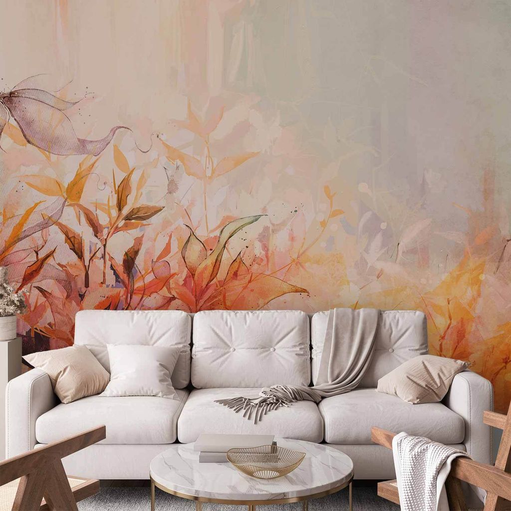 Selbstklebende Folie Fototapete - Flaming meadow - nature landscape with meadow of flowers and leaves in watercolour style 392x280 cm Blätter b-A-...