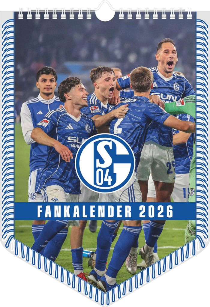 A group of soccer players celebrating on a field, with a calendar banner at the bottom.