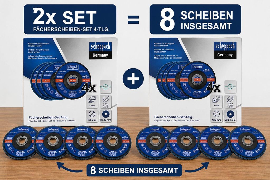 Scheppach Fächerscheiben-Set – 8 x Fächerscheiben 2x NK40, 2x ZK40, 2x ZK80, 2x ZK120, 125mm, 22,23mm Für Winkelschleifer