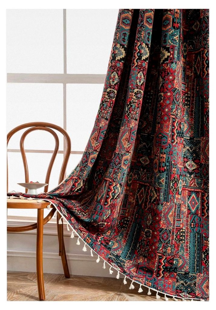 Bohemian Gardinen Vintage Blickdicht Boho Vorhang Rustikal Leinenoptik Jacquard Baumwolle Ethno Rot Vorhänge mit Quaste Rod Pocket für Wohnzimmer...