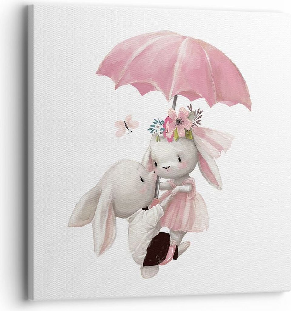 Bild auf Leinwand - Leinwandbild - Einteilig - Hasen Regenschirm Kinder - 30x30cm - Wand Bild - Wanddeko - Wandbilder - Leinwanddruck - Bilder - Wa...