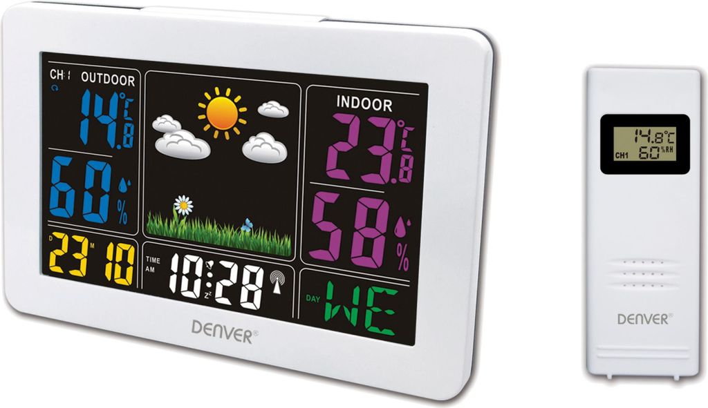 A white Denver Electronics weather station with a separate outdoor sensor.