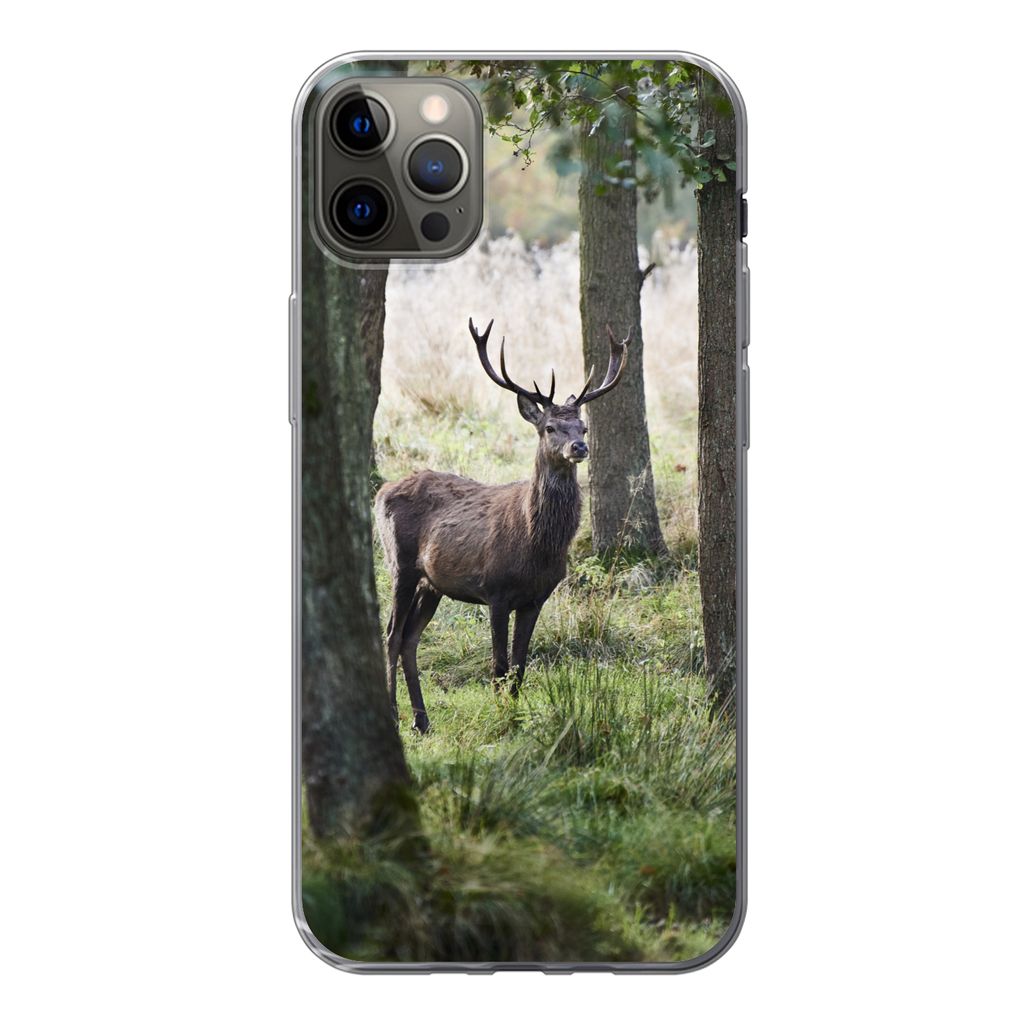 MuchoWow Handyhülle Schutzhülle Hülle für iPhone 13 Pro Max Hirsche - Bäume - Gras Silikon Softcase Handy Hülle - Mobiltelefon