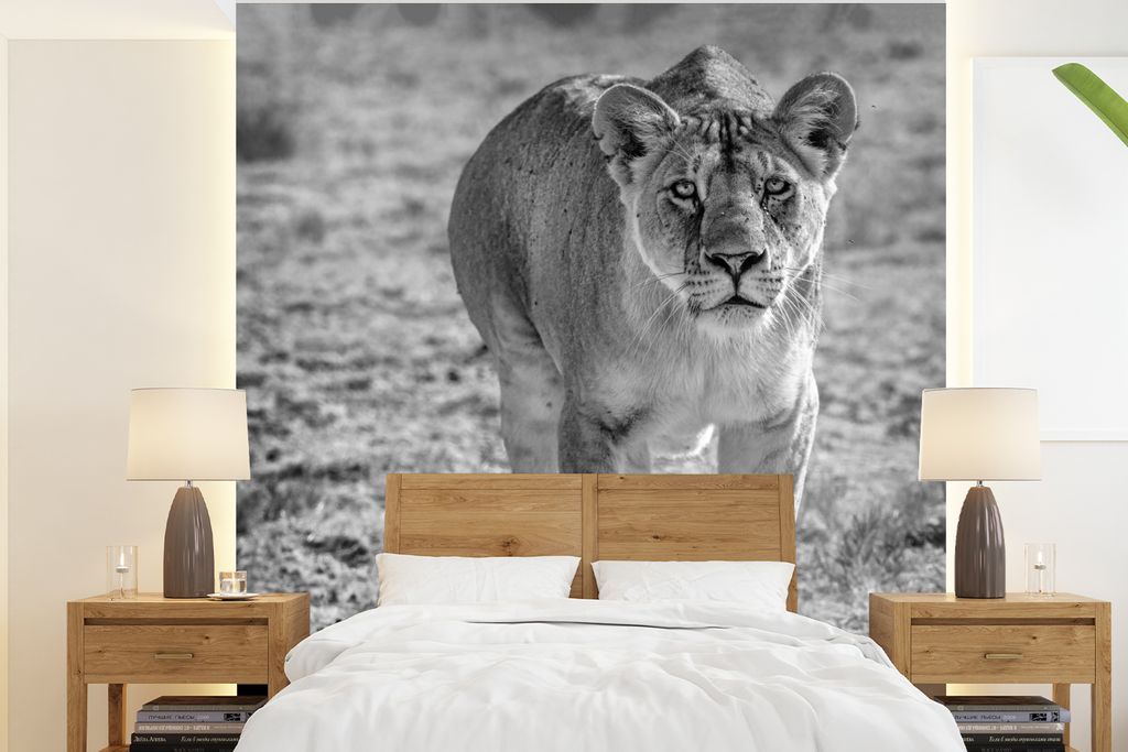 MuchoWow Fototapete für Wohnzimmer oder Schlafzimmer Wandtapete Vinyl Motivtapete Löwe - Schwarz - Weiß - 200x220 cm - Vinyltapeten