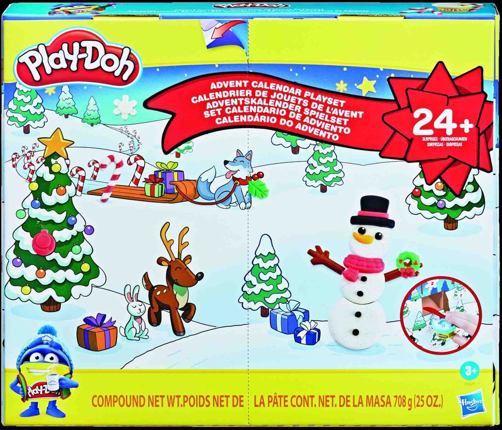 A Play-Doh Advent Calendar playset with a winter theme, featuring Christmas trees, a snowman, a reindeer, a fox, and gifts.