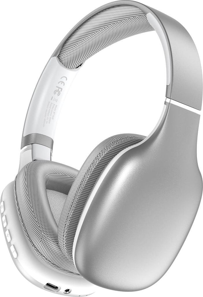 A silver and white over-ear headphone is shown against a white background.
