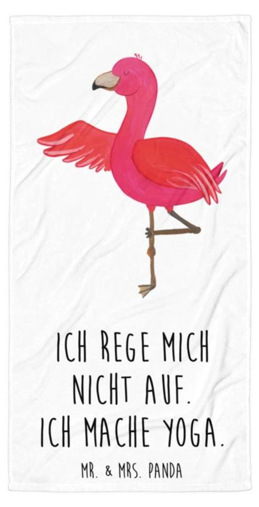 Mr. & Mrs. Panda Duschtuch Flamingo Yoga - Weiß - Geschenk, Frottee-Handtuch, Handtuch, Vogel, Meditieren, Duschhandtuch, Badehandtuch, Strandtuch...