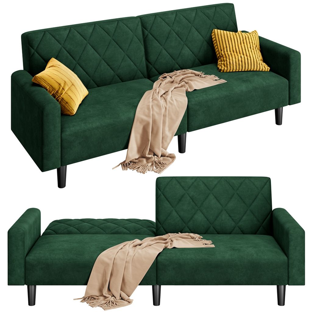 A green sofa bed is shown in two configurations: as a sofa with pillows and a blanket, and as a partially unfolded bed with a blanket.