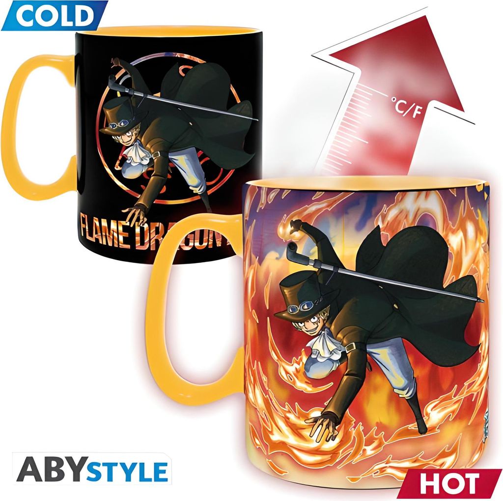 Two heat-changing mugs are shown, one with a 'COLD' label and one with a 'HOT' label, indicating their function. A temperature indicator arrow is also visible.