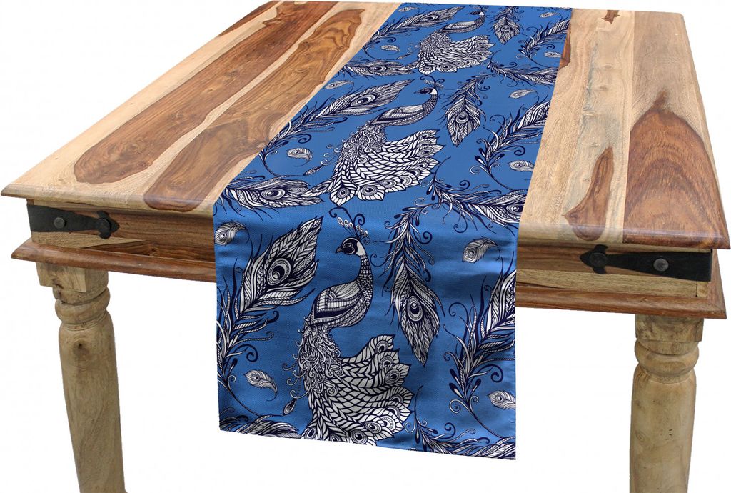 ABAKUHAUS Pfau Tischläufer, Zentangle Vogel und Federn, Esszimmer Küche Rechteckiger Dekorativer Tischläufer, 40 x 180 cm, Azure Blau Indigo