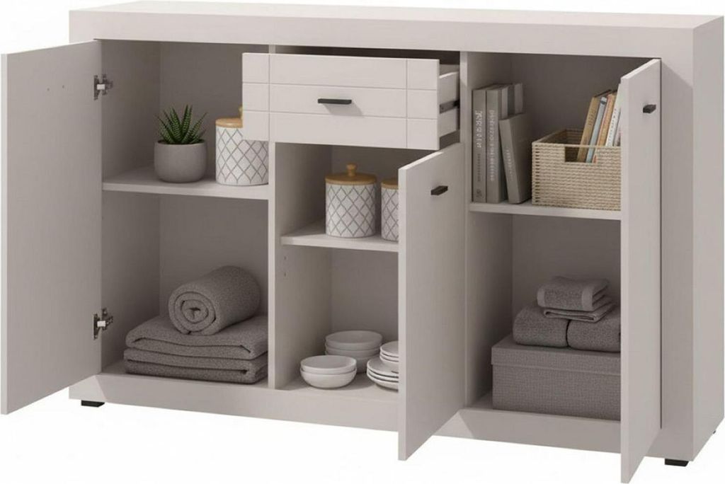 Dmora Kommode Perca 148x42x92h cm Cremeweiß, eine Schublade 3 Regale