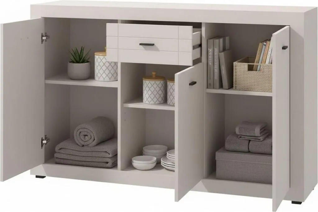 Bahut de Salon Perca Blanc Crème 148 cm : Meuble de Rangement Chic
