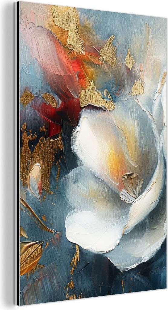 MuchoWow Wanddekoration Metall Metallbild Wandkunst 60x90 cm Blumen - Weiß - Gold - Kunst - Abstrakt MuchoWow Aluminium Gemälde - Wandbilder - Al...