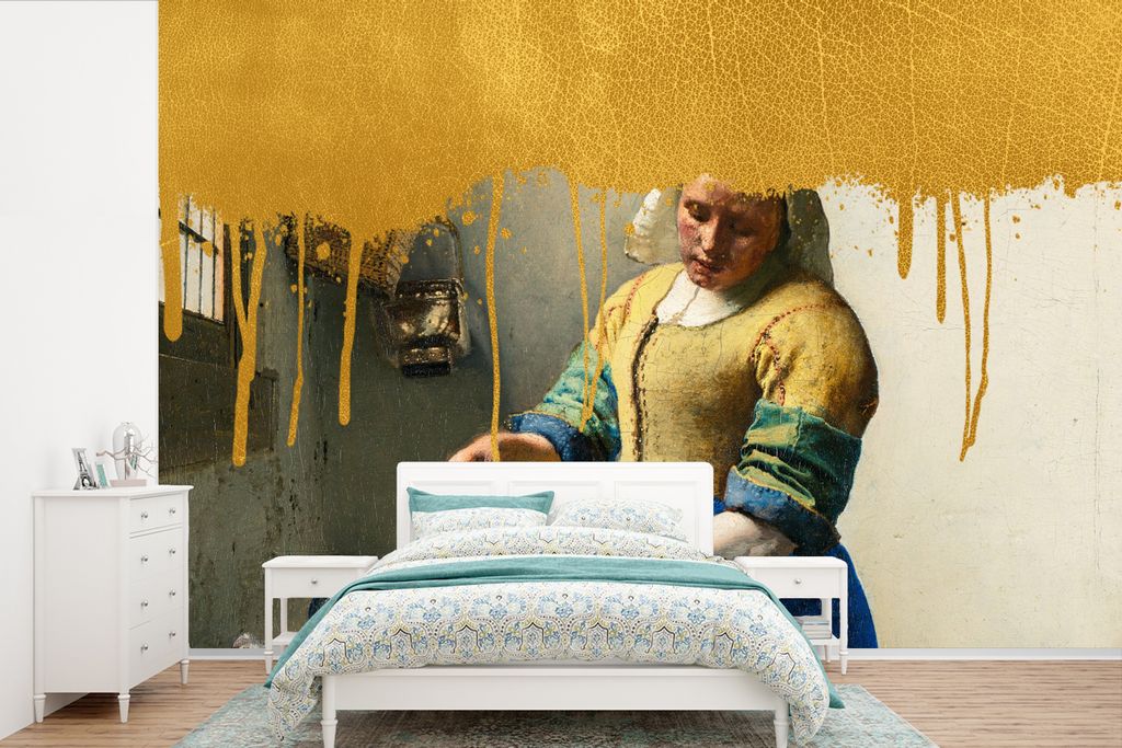 MuchoWow Fototapete für Wohnzimmer oder Schlafzimmer Wandtapete Vinyl Motivtapete Milchmädchen - Gold - Vermeer - 360x240 cm - Vinyl-Tapete
