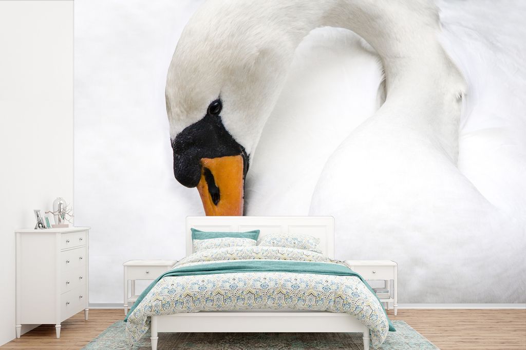 MuchoWow Fototapete für Wohnzimmer oder Schlafzimmer Wandtapete Vinyl Motivtapete Nahaufnahme weißer Schwan - 450x300 cm - Gemusterte