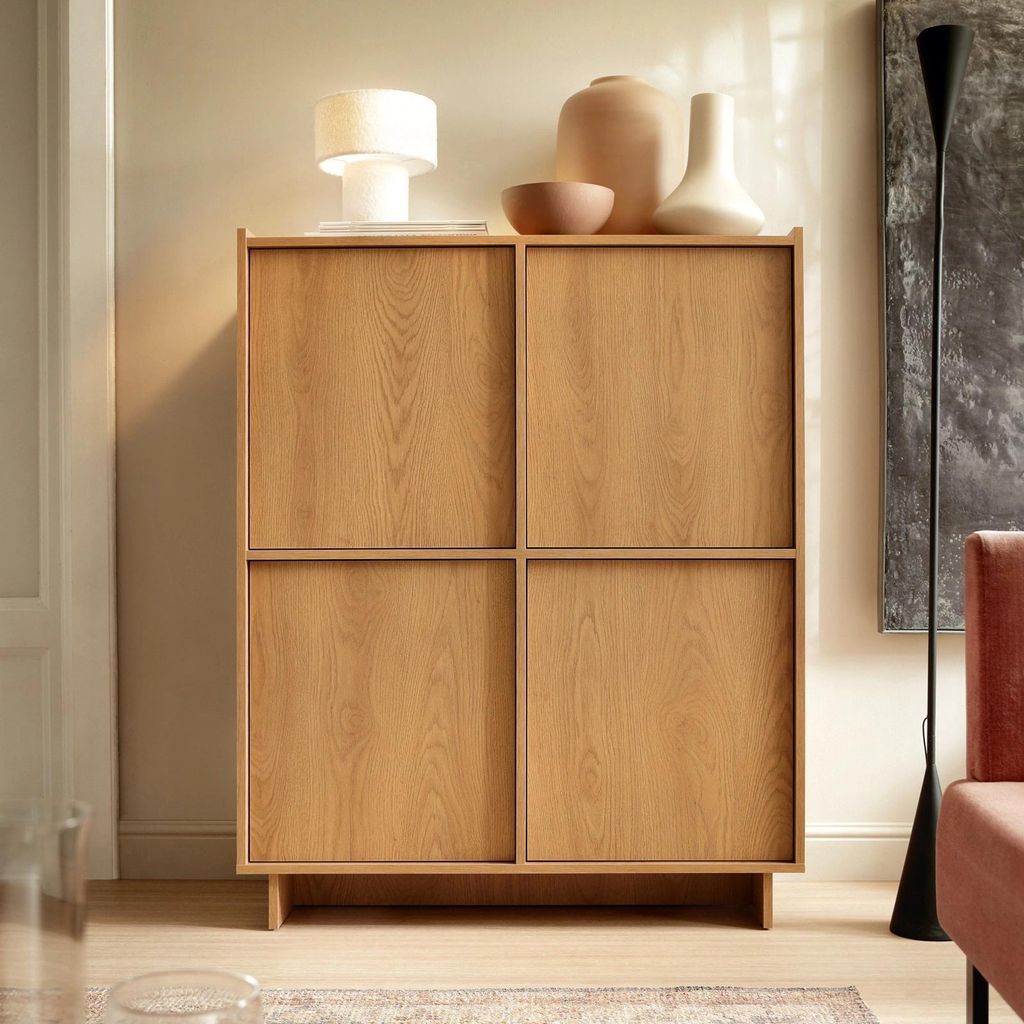 Hochkommode SUNA 98 cm Schrank Karamell Eiche 4 Türen Produktbild 