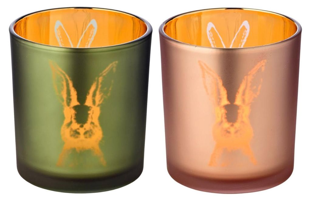 EDZARD Teelicht 2er Set Hase grün / rosa Ø 7 cm, H 8 cm