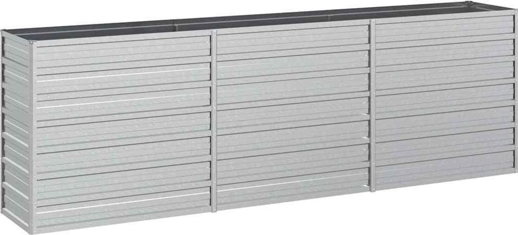 A long, silver, multi-compartment planter box made of galvanized steel.