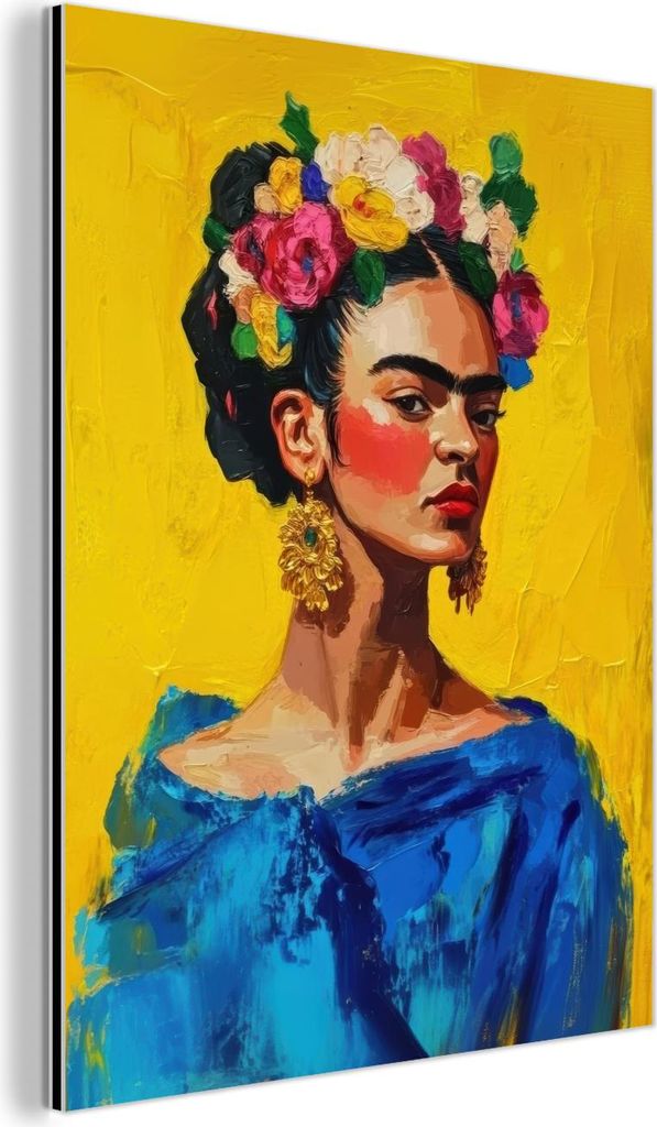 MuchoWow Wanddekoration Metall Metallbild Wandkunst 90x120 cm Frida Kahlo - Frau - Gelb - Blau - Blumen MuchoWow Aluminium Gemälde - Industrial