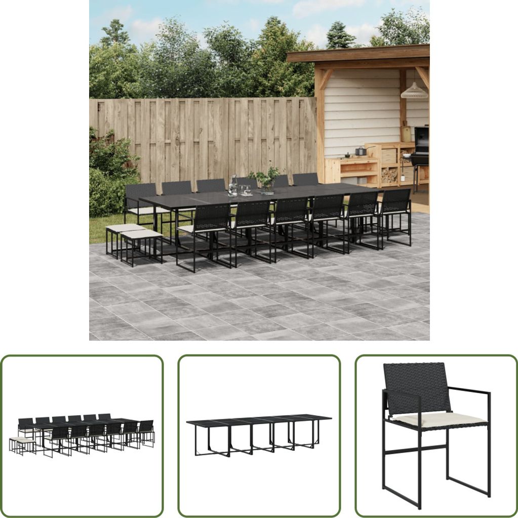 The Living Store 17-tlg. Garten-Essgruppe mit Kissen Schwarz Poly Rattan