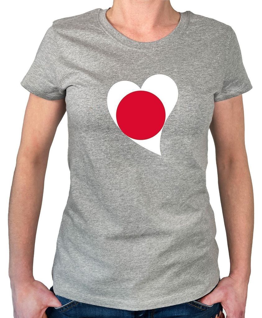 Huuraa Damen T-Shirt Japan Flagge Herz S Sport Grey Bio Baumwolle Fairtrade Damenshirt Geschenkidee