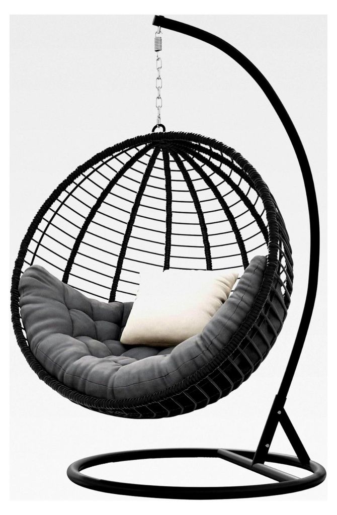 Hängesessel mit Gestell und Kissen Amara, Hängestuhl mit Rückenkissen, Hängesitz, Hängekorb, Stahlskelett, für Innen- und Außenbereich (schw...