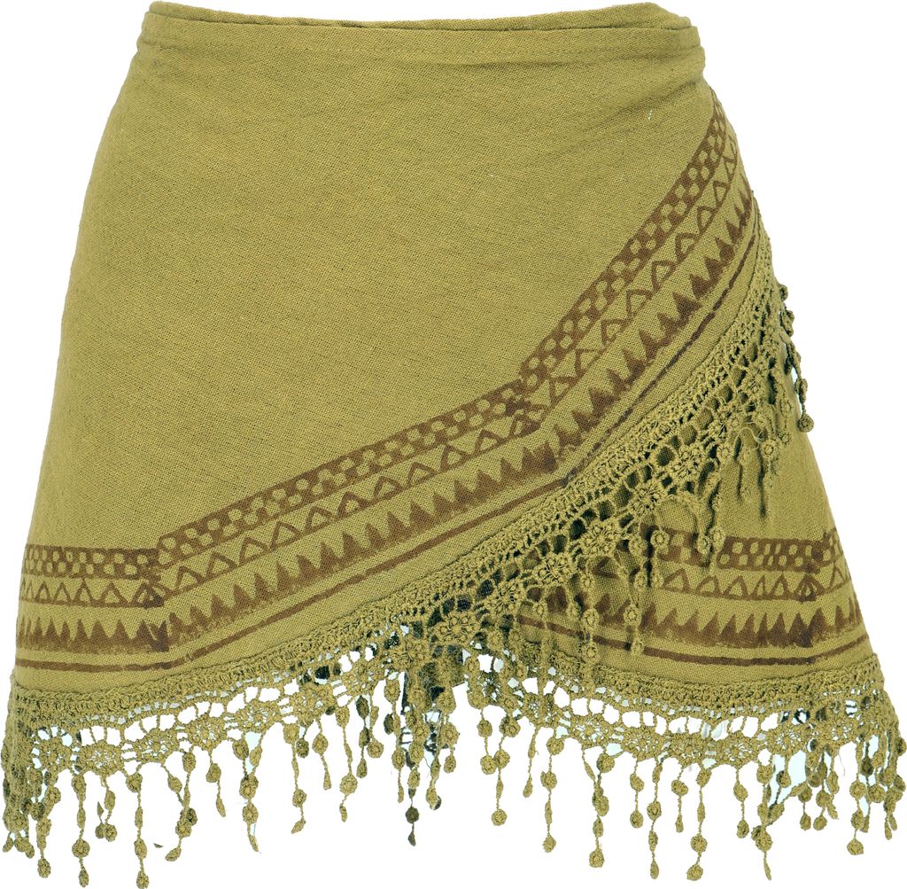 Extravaganter Cacheur, Superkurzer Bedruckter Minirock, Boho Wickelrock - Massala, Damen, Grün, Baumwolle, Röcke