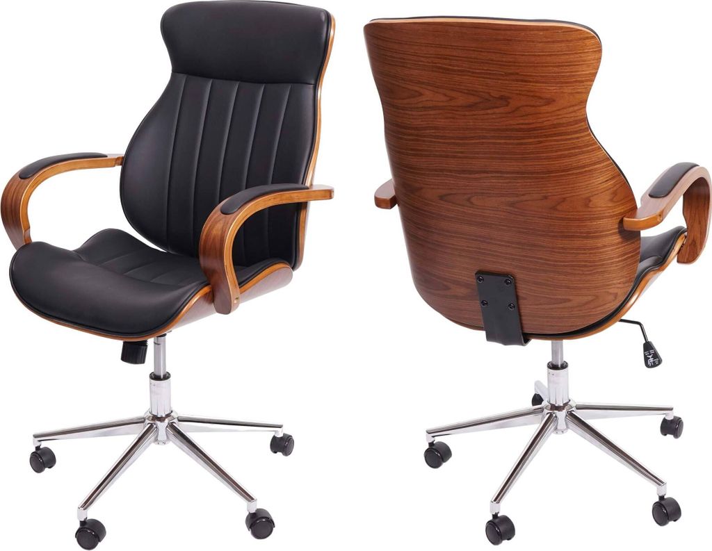 Two views of a black leather office chair with a wood-grain finish.