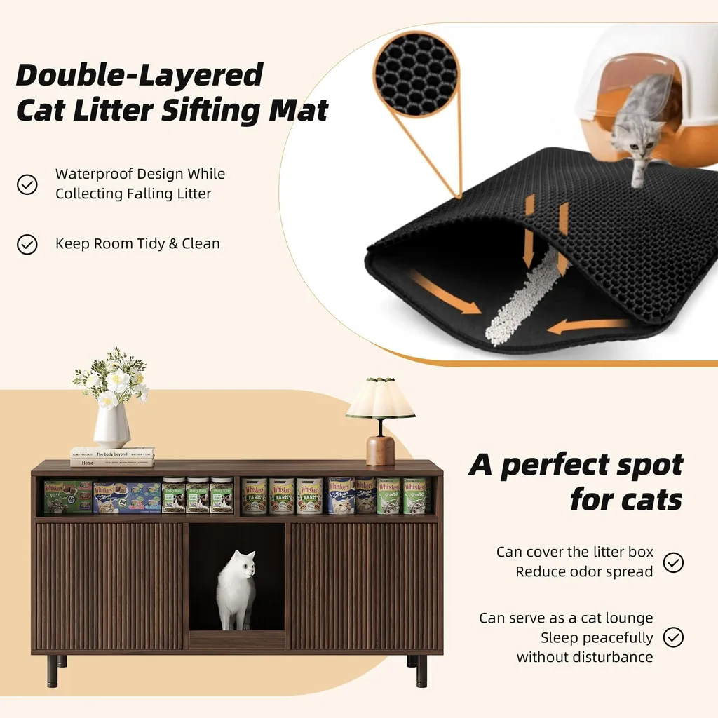 Flieks Sideboard Commode Noyer avec Espace Litière Chat et Tapis de Sable