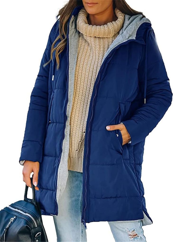 ASKSA Damen Wintermantel Lang Daunenmantel Steppmantel Jacke Einfarbige Winter Warm Reissverschluss Daunenjacke mit Kapuze (Blau,S)