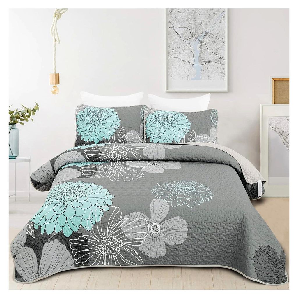 Tagesdecke 220x240 cm Grün Blumen Bettüberwurf Weiche Sommerdecke Gesteppte Decke für Doppelbett Mikrofaser mit 2 Kissenbezügen 48x75