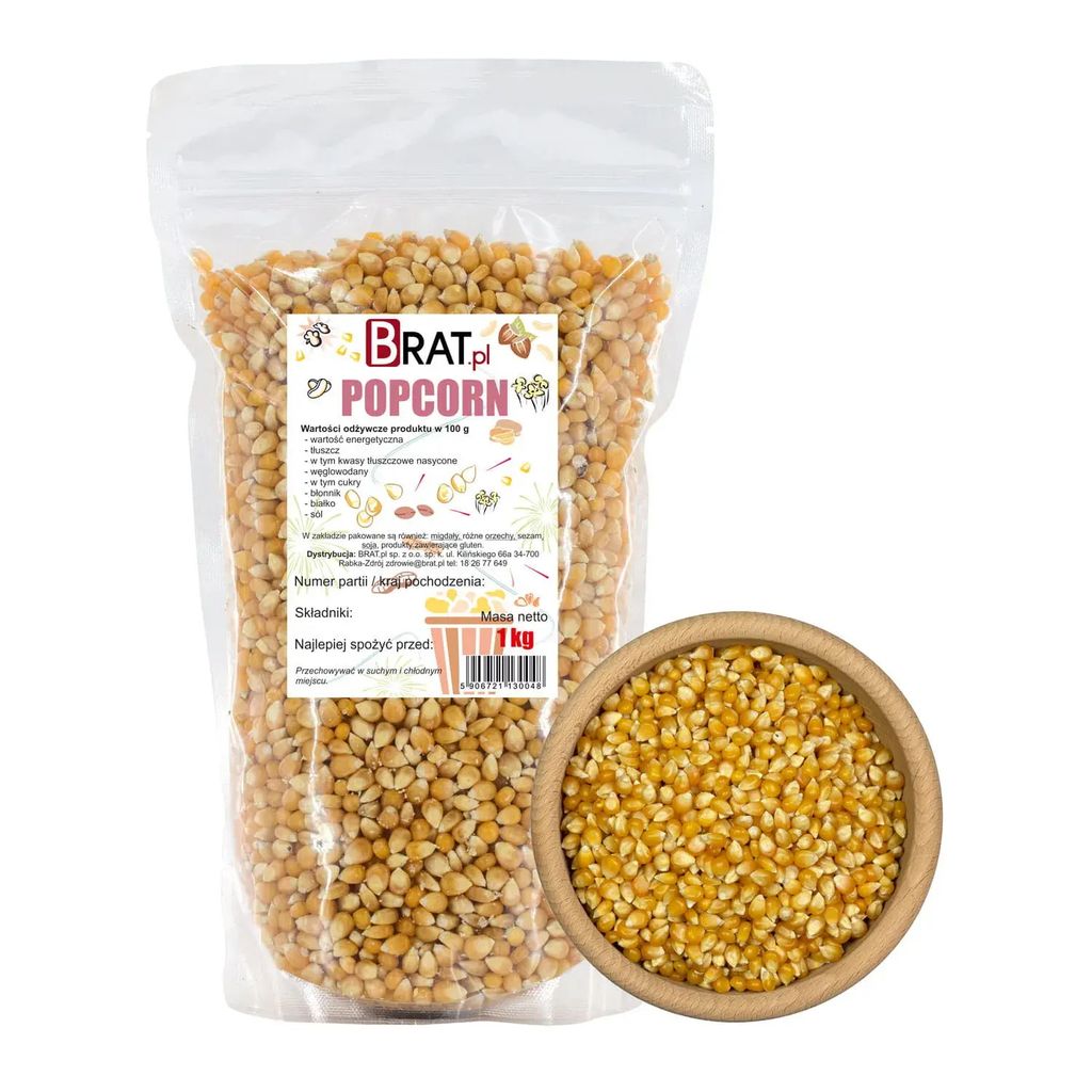 A bag of popcorn kernels next to a bowl of popcorn kernels.