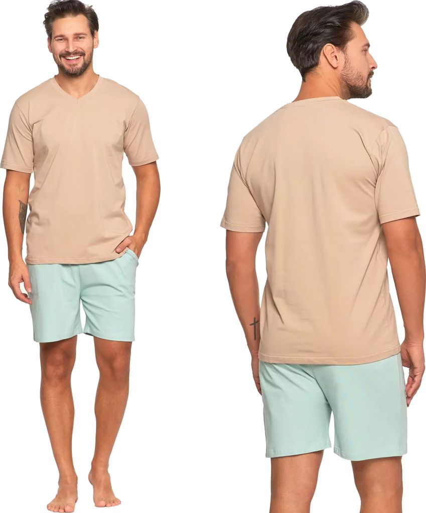 Moraj Herren kurzer Schlafanzug Kurzarm + Shorts Nachtanzug Baumwolle 4100-009, Beige, M