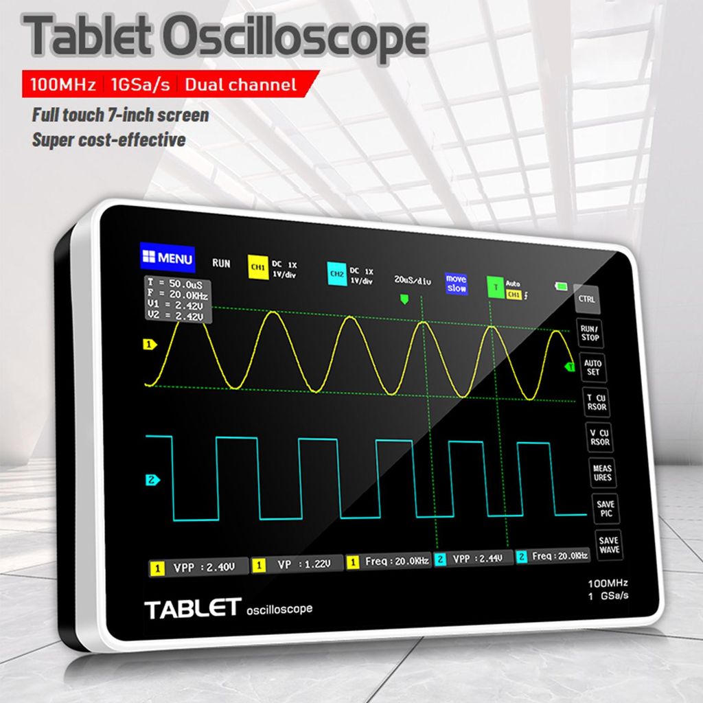 Digitales 2-Kanal Oszilloskop 100MHz mit 1GSa/s, 7 Zoll Farb-Touchscreen, USB-Aufladung & integrierten Hochvolt-Schutz (EU Stecker)