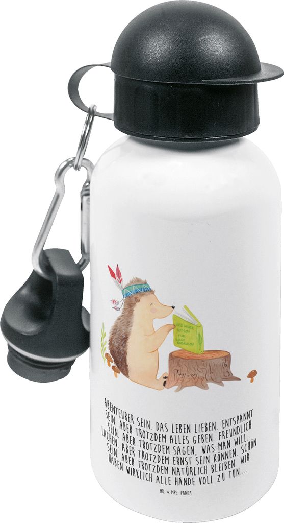 Mr. & Mrs. Panda Trinkflasche Igel Federschmuck - Weiß - Geschenk, Kinder, Getränkeflasche, Indianer, Camping, Abenteuer, für den Kindergarten, ...