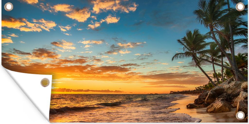 MuchoWow 60x30 cm Outdoor-Poster Gartendeko Sichtschutz Garten Poster für den Garten Strand - Sonnenuntergang - Meer - Palme