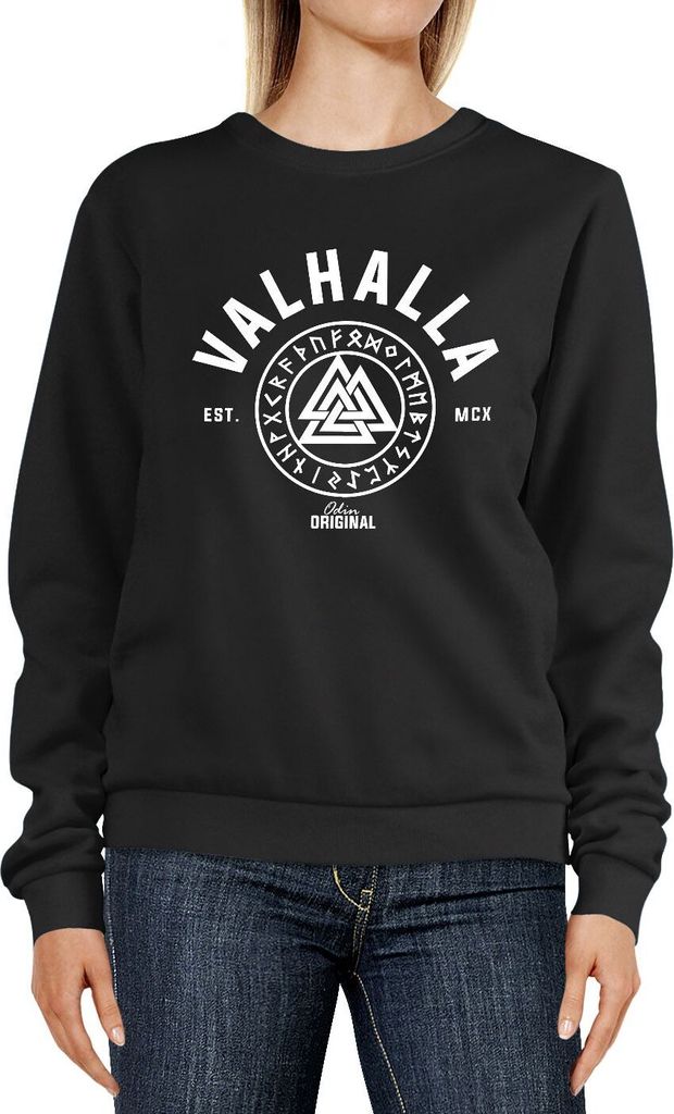 Sweatshirt Damen Valhalla Wikinger Motiv Runen Rundhals-Pullover Pulli Sweater Neverless schwarz S