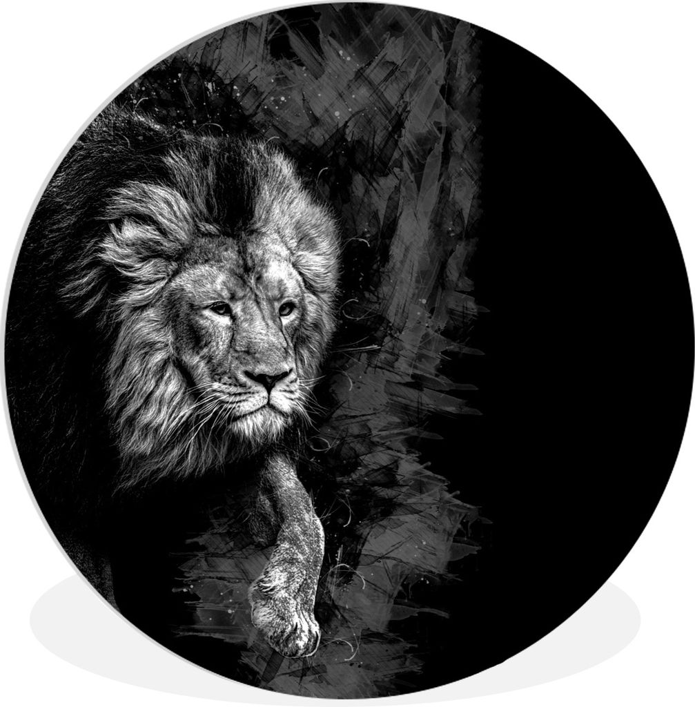 MuchoWow Rundes Wandbild - Runde Bilder Löwe - Tiere - Schwarz - Weiß Ø 30 cm Kreis Wanddekoration Kunststoff - Wandkreis - Wandschmuck - Schl...