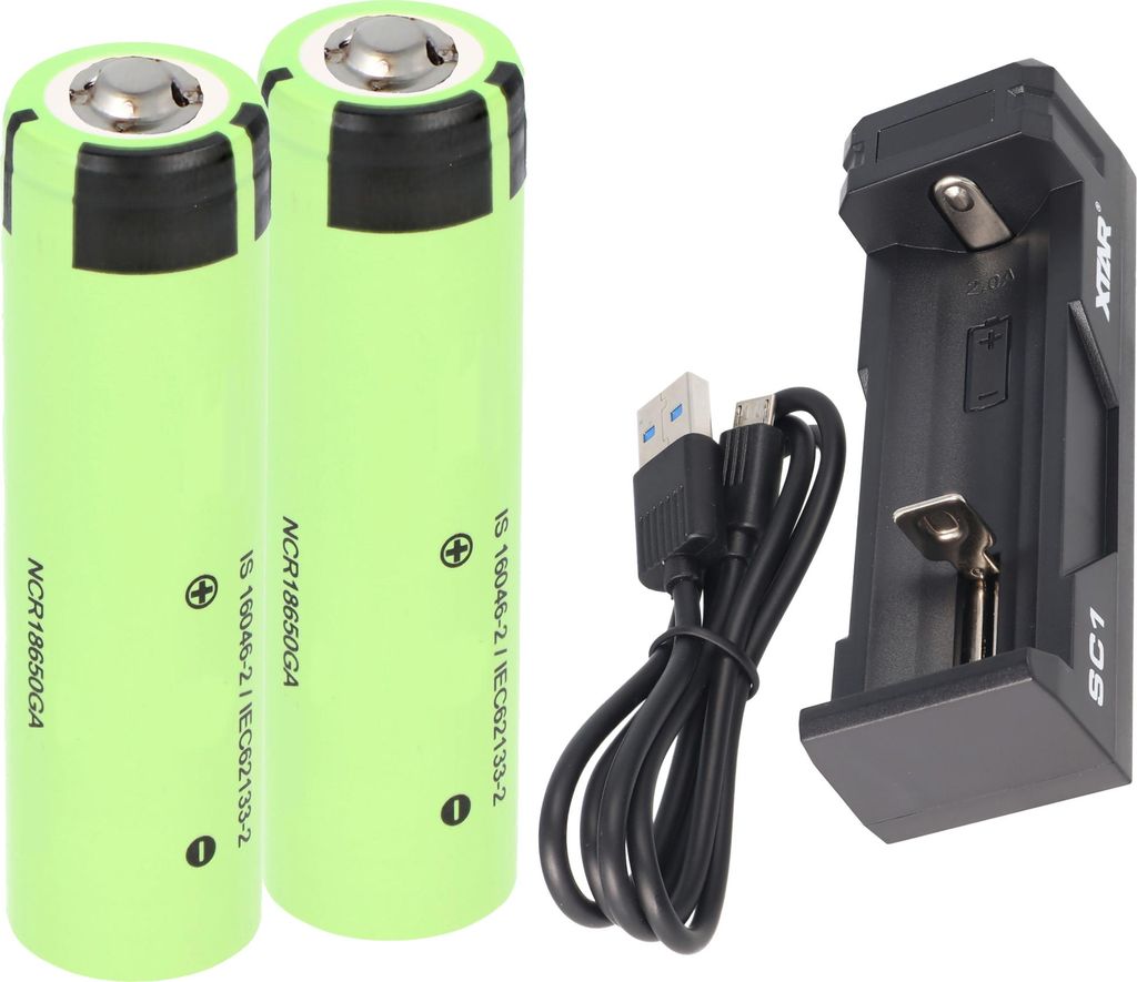 Ladegerät und 2 Stück Panasonic 18650 Li-ion Akku mit Produktbild 