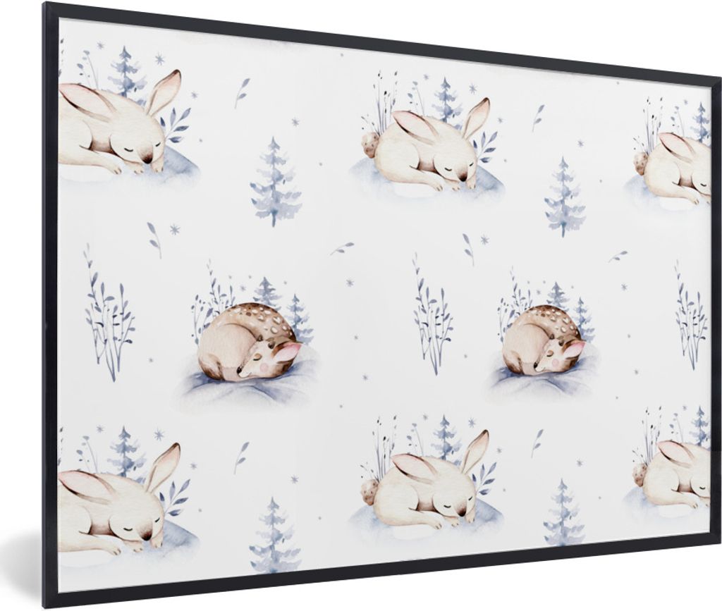 MuchoWow Gerahmtes Poster Winter - Hasen - Rehe 30x20 cm - Poster mit Schwarzem Bilderrahmen Wandposter Rahmen Foto Bilder - Kunstdruck - Bild-Po...