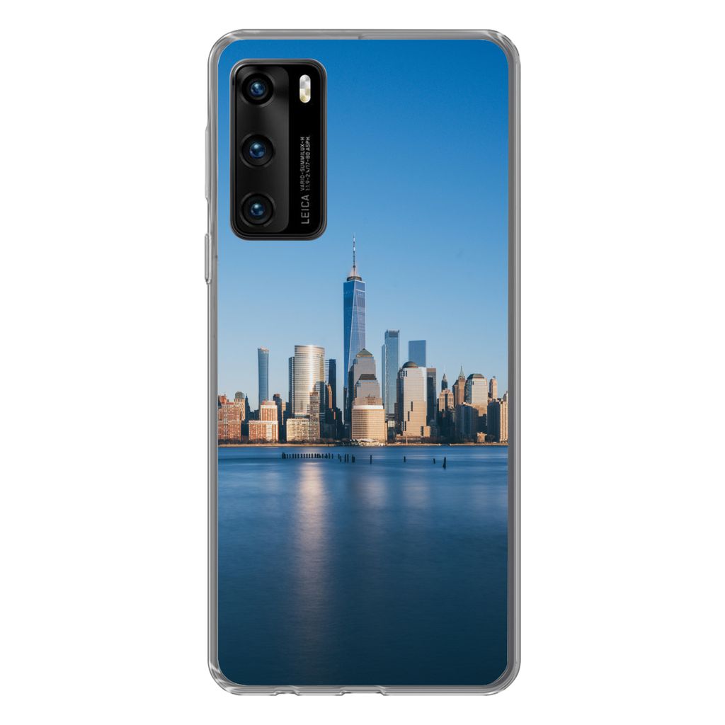 MuchoWow Handyhülle Schutzhülle Hülle für Huawei P40 New York - Skyline - Blau Silikon Softcase Handy Hülle - Handytasche