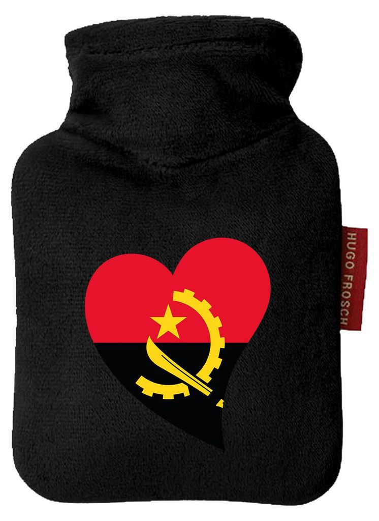 Huuraa Mini-Wärmflasche Angola Flagge Herz 0,2 Liter Black Mini Veloursbezug Taschenwärmer Geschenkidee