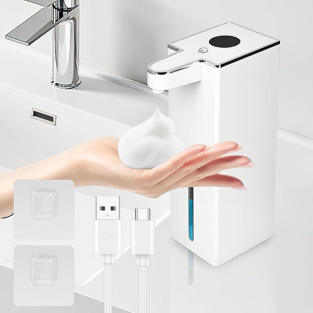 Automatischer Seifenspender, 420 ML Elektrischer Soap Schaumseifenspender mit Sensor, Wandbefestigung, Berührungslos, IPX5 Wasserdicht, Weiß