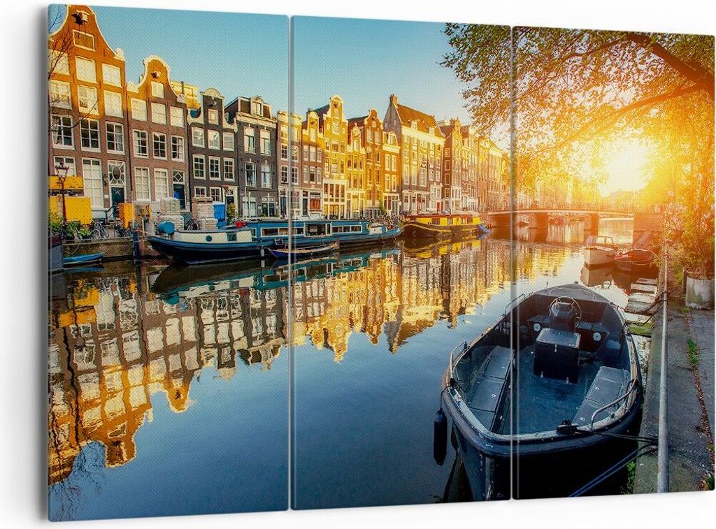 Bild auf Leinwand - Leinwandbild - Kanal Boot Amsterdam Wasser - 165x110cm - Wand Bild - Wanddeko - Leinwanddruck - Bilder - Kunstdruck - Wanddekor...