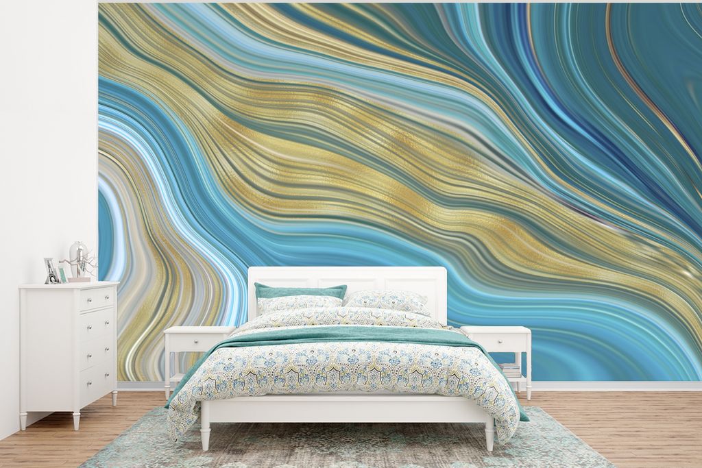 MuchoWow Fototapete für Wohnzimmer oder Schlafzimmer Wandtapete Vinyl Motivtapete Marmor - Wellen - Gold - Muster - 375x280 cm - Schlafzimmer ta...