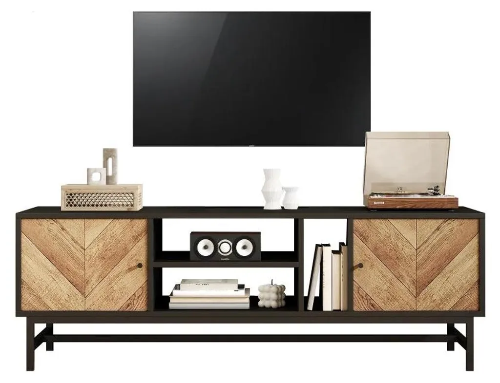 Meuble TV noir et bois pour cacher les câbles et ranger le salon