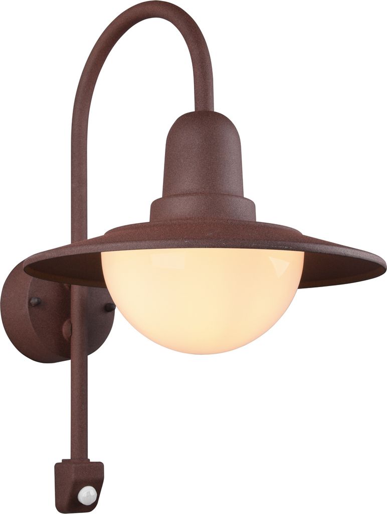 A rustic-looking outdoor wall light with a motion sensor.